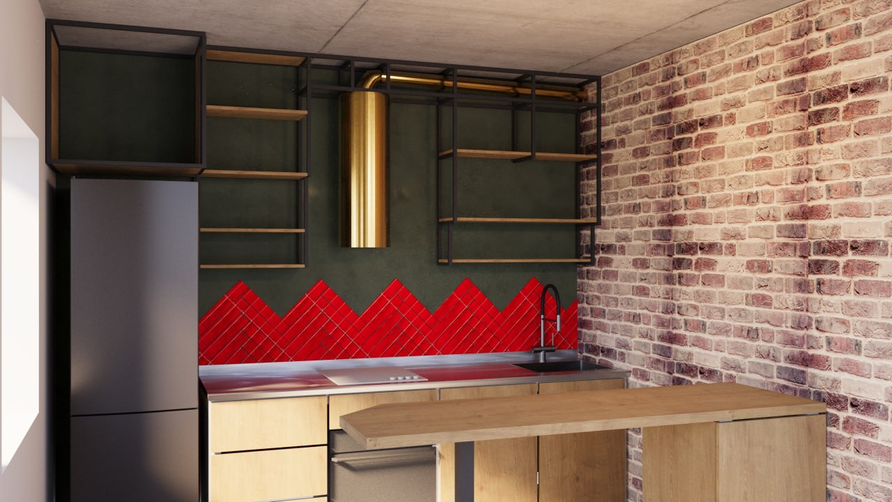 Interior visualization of a kitchen combining nineteenth-century reclaimed brick with contemporary shelving, brass detailing and red tiled accents